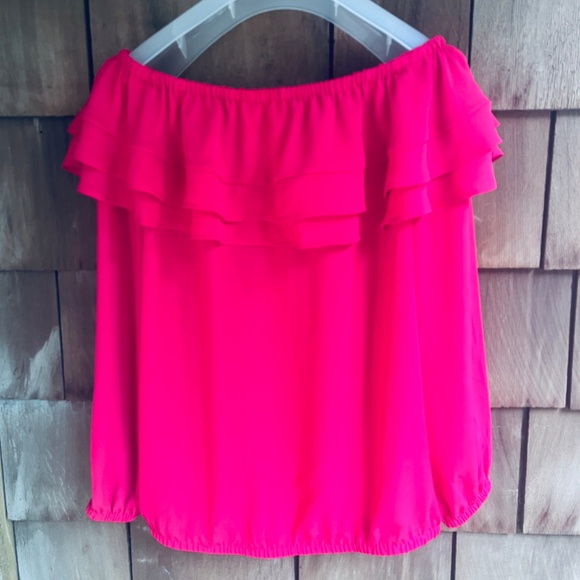MICHAEL Michael Kors Solid Ruffle Peasant Top, Deep Pink, Long Sleeve Blouse M - Picture 13 of 15